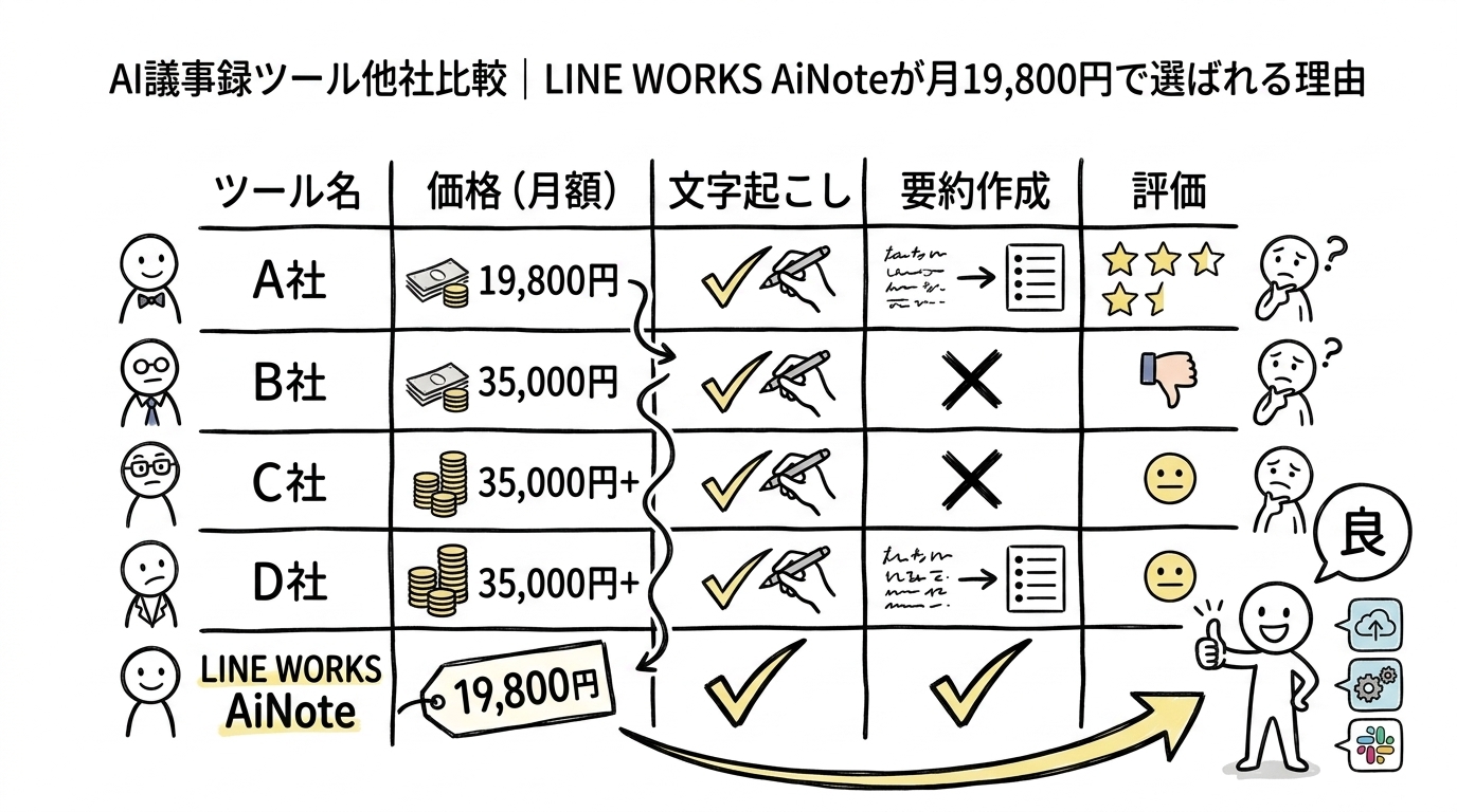 AI議事録ツール他社比較｜LINE WORKS AiNoteが月19,800円で選ばれる理由