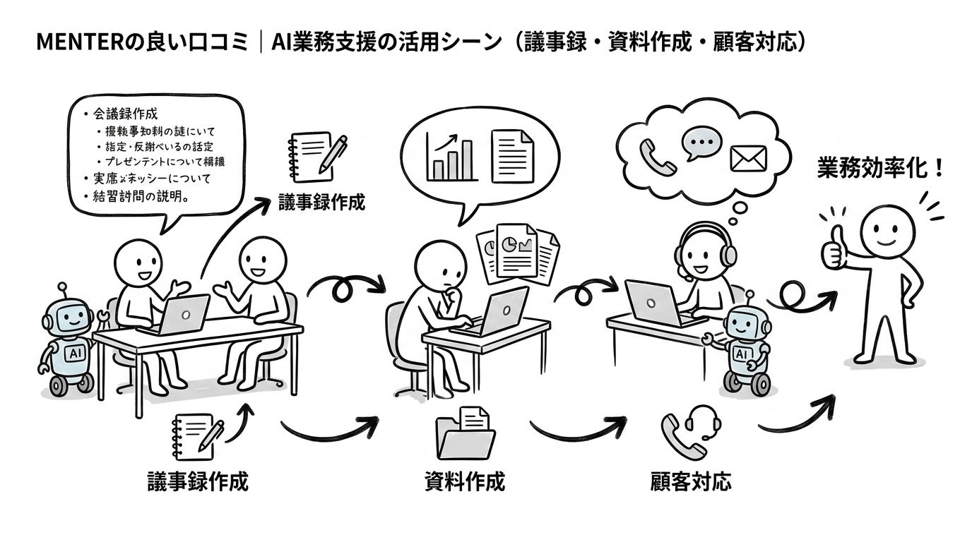 MENTERの良い口コミ｜AI業務支援の活用シーン（議事録・資料作成・顧客対応）