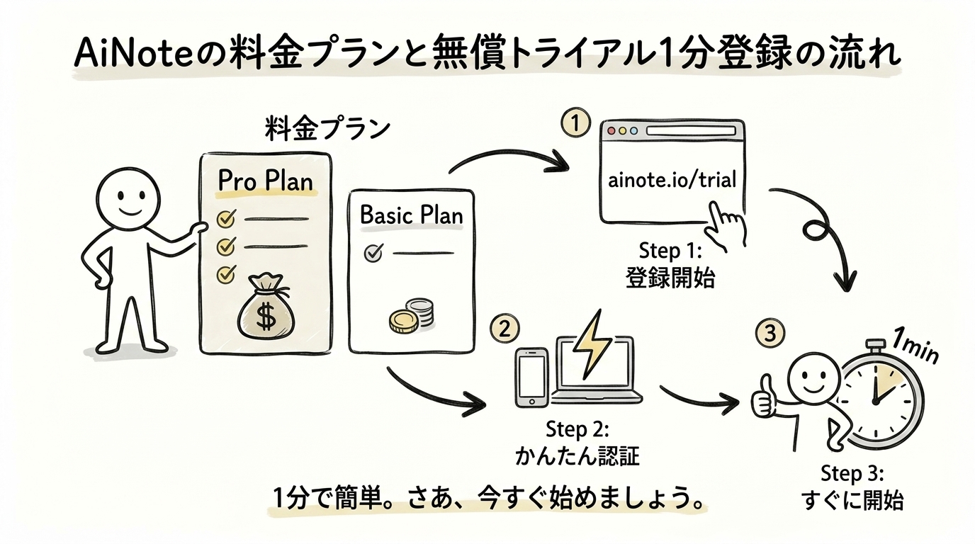 AiNoteの料金プランと無償トライアル1分登録の流れ