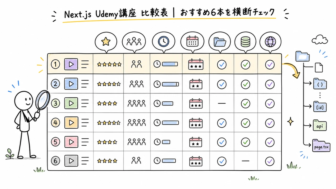 Next.js Udemy講座 比較表|おすすめ6本を横断チェック