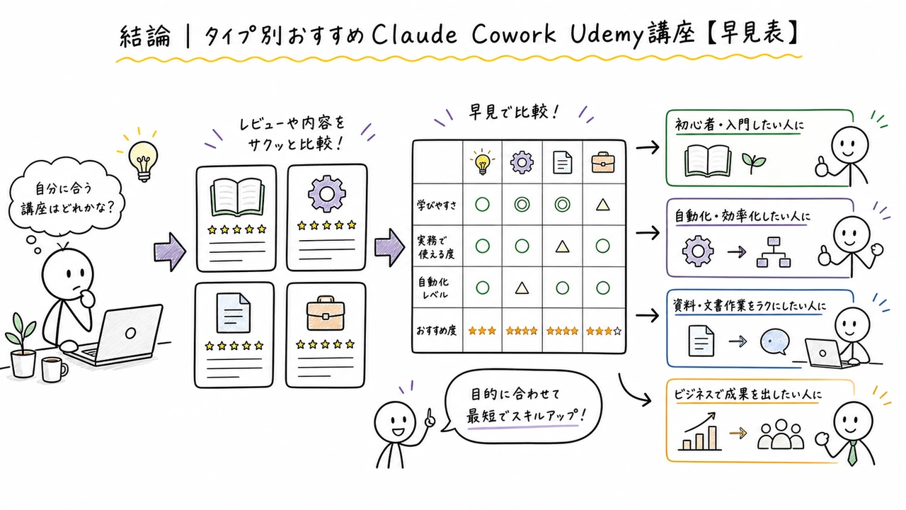 結論|タイプ別おすすめClaude Cowork Udemy講座【早見表】