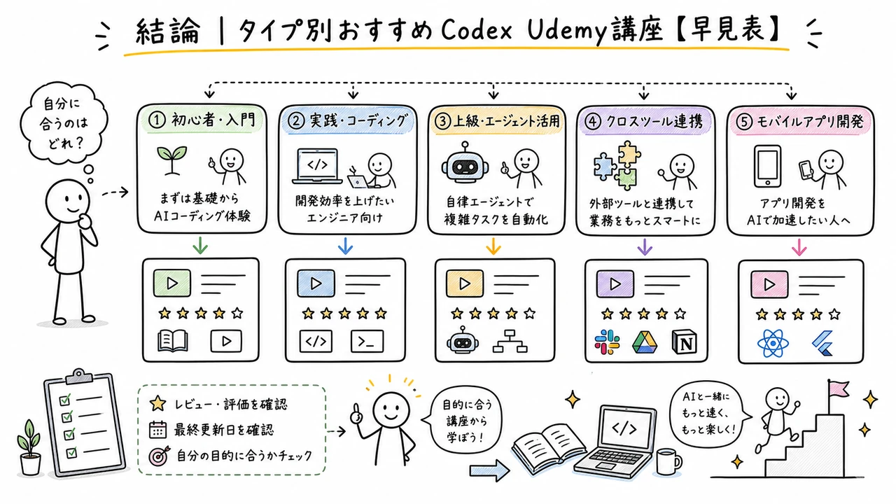結論｜タイプ別おすすめCodex Udemy講座【早見表】