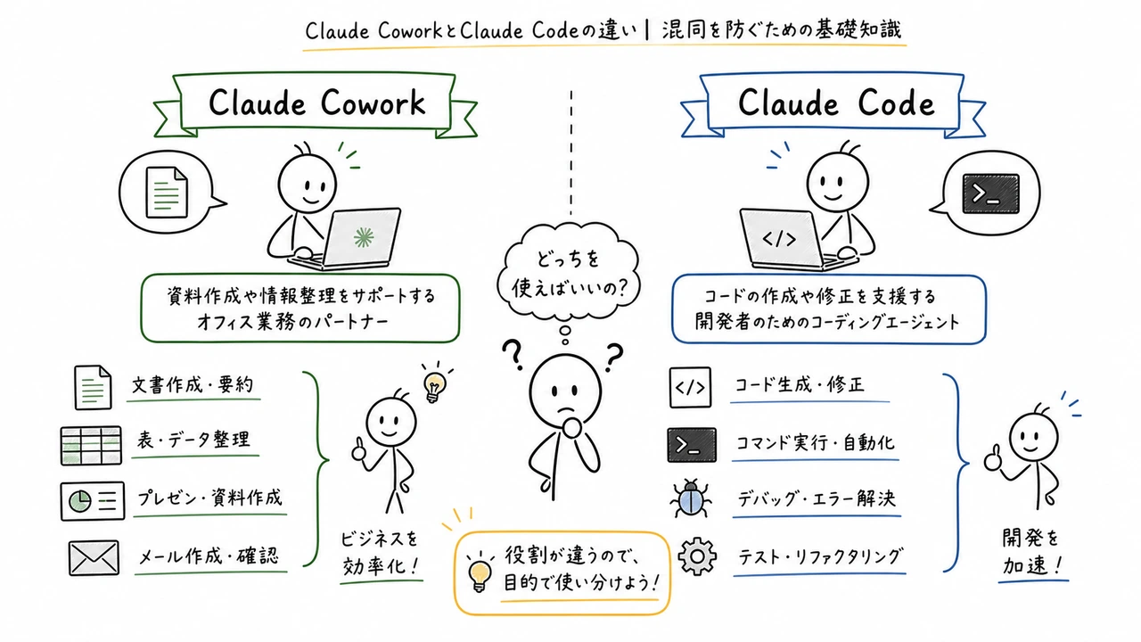 Claude CoworkとClaude Codeの違い|混同を防ぐための基礎知識