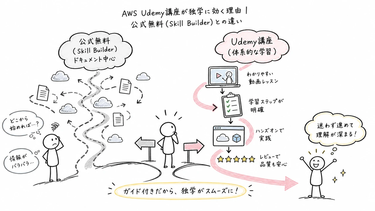 AWS Udemy講座が独学に効く理由｜公式無料(Skill Builder)との違い