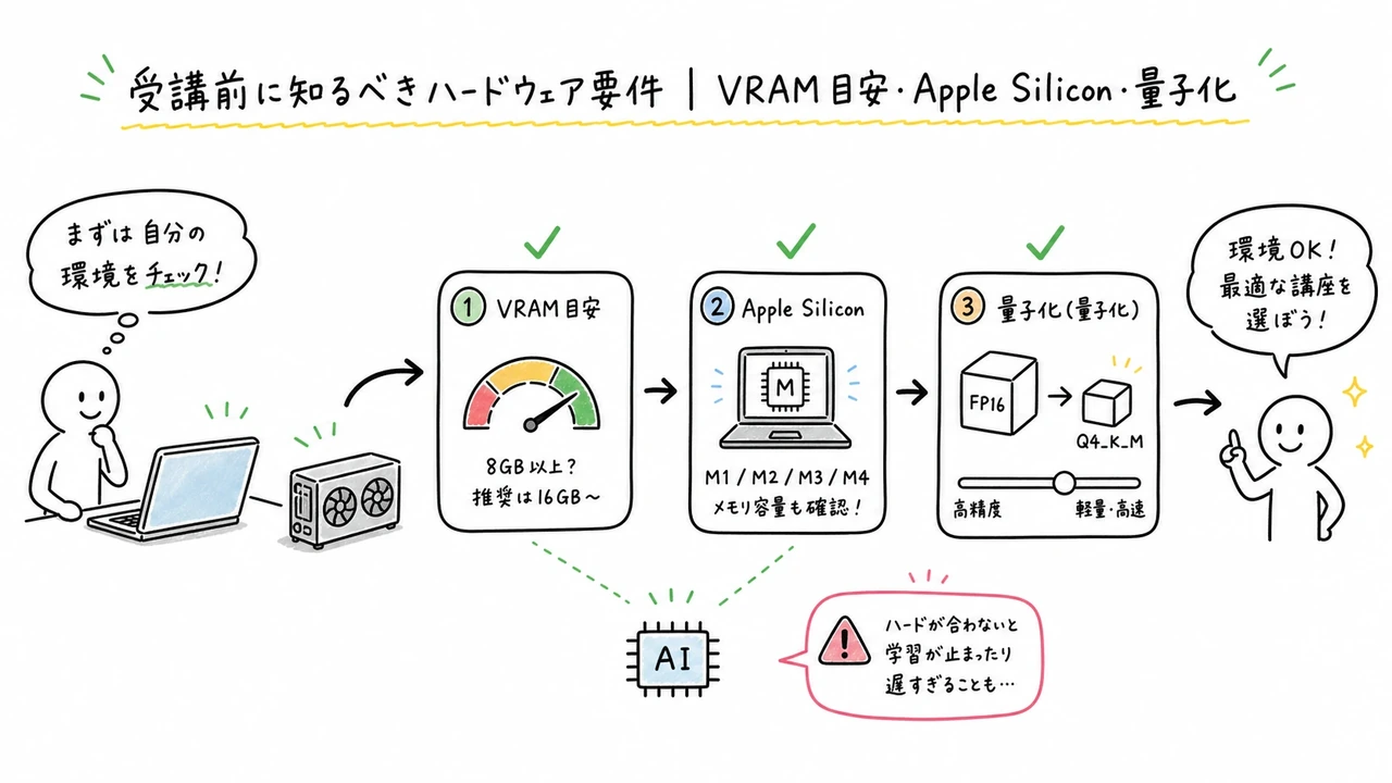 受講前に知るべきハードウェア要件|VRAM目安・Apple Silicon・量子化