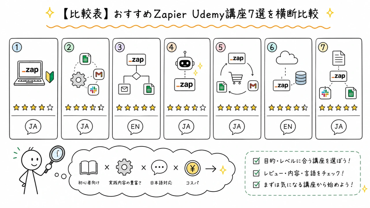 【比較表】おすすめZapier Udemy講座7選を横断比較