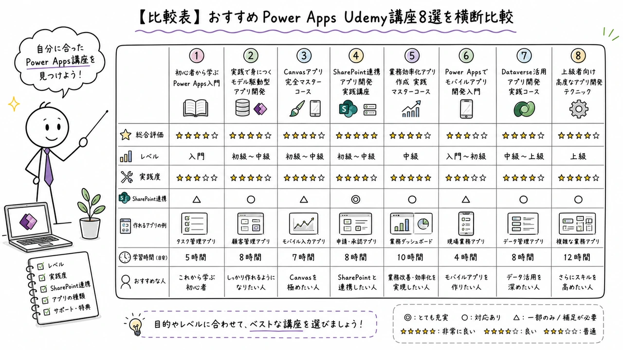 【比較表】おすすめPower Apps Udemy講座8選を横断比較