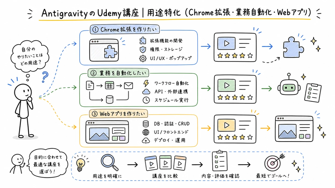 AntigravityのUdemy講座｜用途特化（Chrome拡張・業務自動化・Webアプリ）