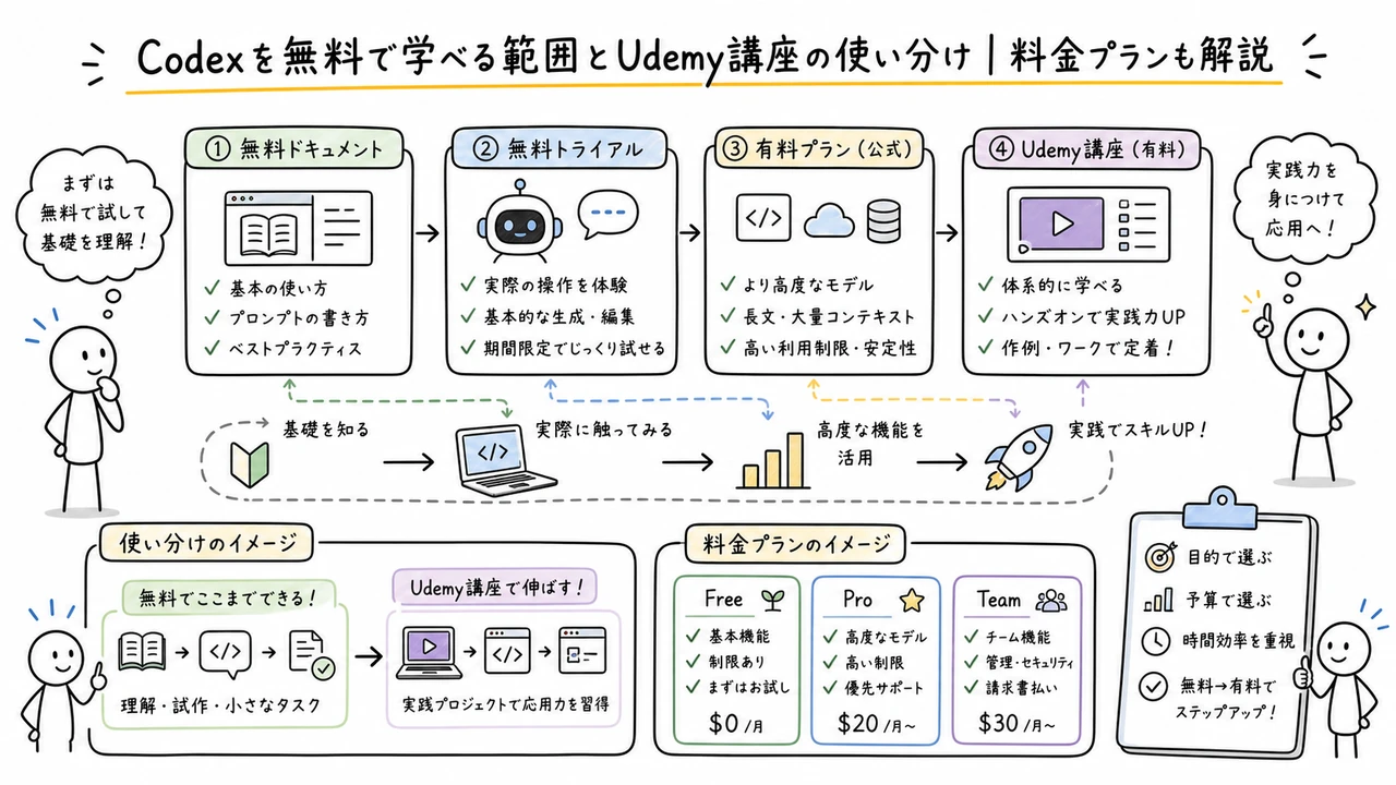 Codexを無料で学べる範囲とUdemy講座の使い分け｜料金プランも解説