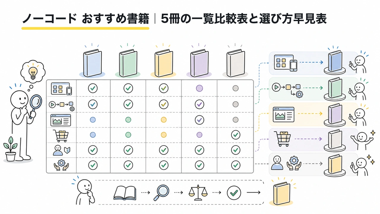 ノーコード おすすめ書籍|5冊の一覧比較表と選び方早見表
