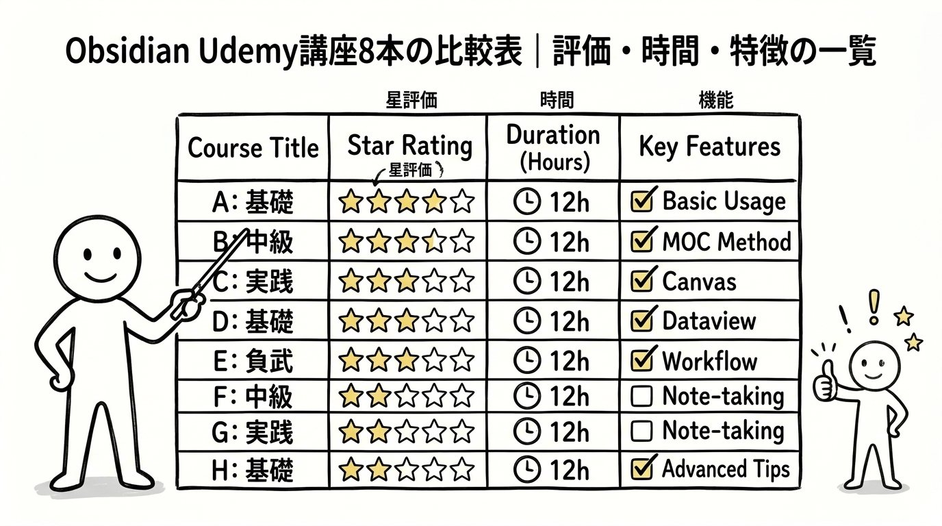 Obsidian Udemy講座8本の比較表｜評価・時間・特徴の一覧