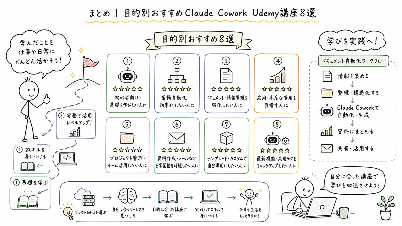 まとめ|目的別おすすめClaude Cowork Udemy講座8選