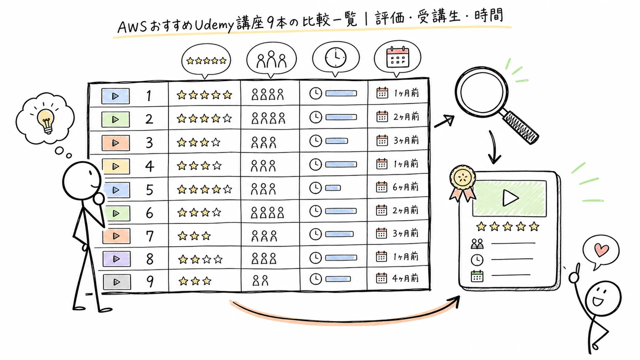 AWSおすすめUdemy講座9本の比較一覧｜評価・受講生・時間
