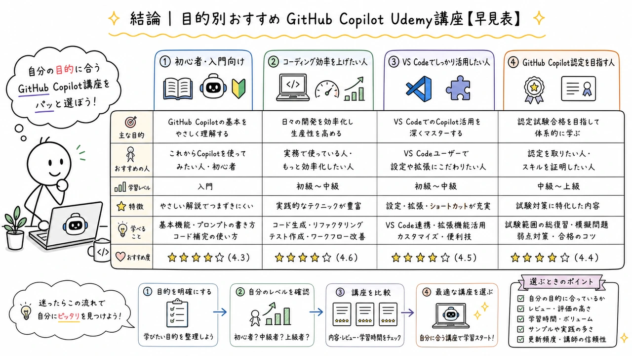 結論|目的別おすすめGitHub Copilot Udemy講座【早見表】
