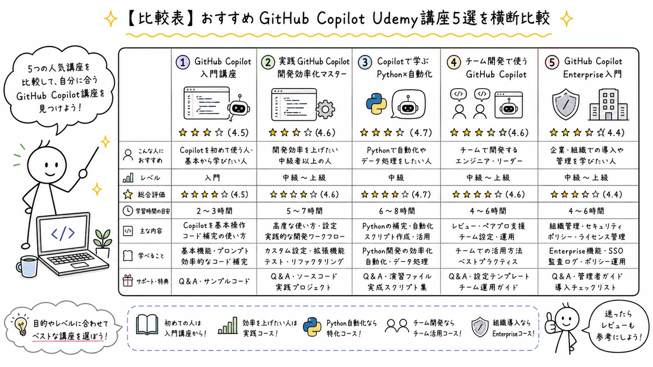 【比較表】おすすめGitHub Copilot Udemy講座5選を横断比較