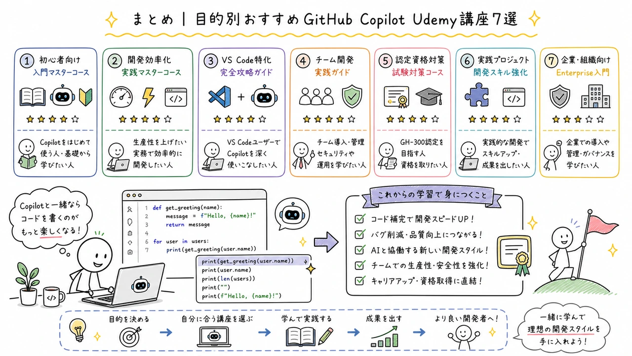 まとめ|目的別おすすめGitHub Copilot Udemy講座7選